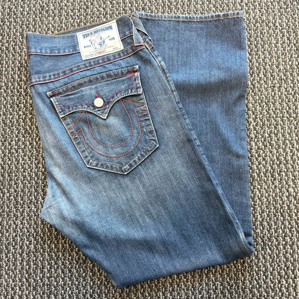 True Religion Straight Cut Denim Jeans Mens Faded Distressed Flap Pocket 40x33